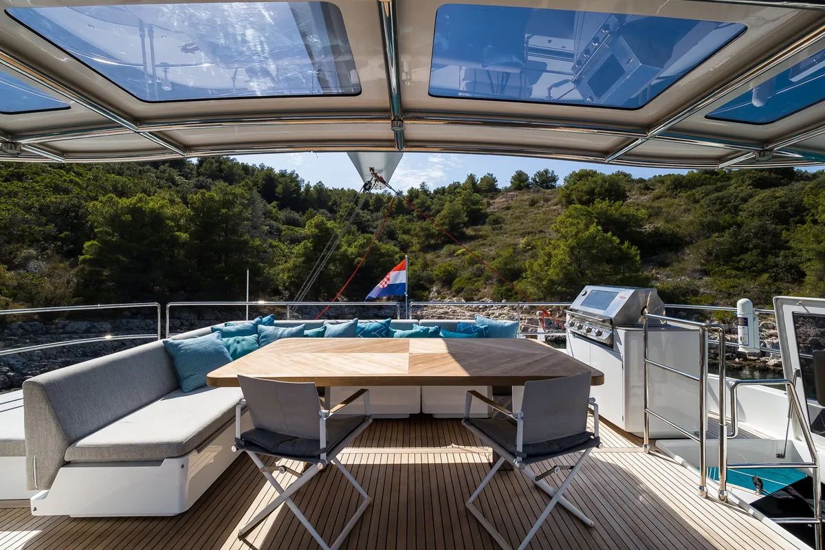 Deck of Vulpino, a Sunreef 60 catamaran at Kaštela, Croatia