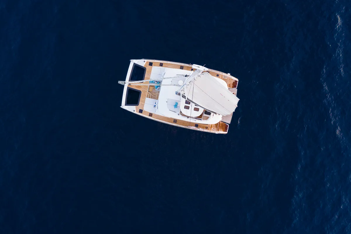 Exterior view of Vulpino, a Sunreef 60 catamaran at Kaštela, Croatia