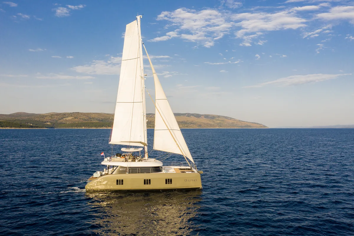 Exterior view of Vulpino, a Sunreef 60 catamaran at Kaštela, Croatia