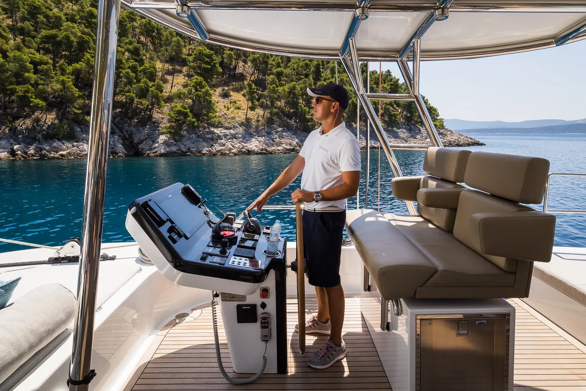 Cockpit of Vulpino, a Sunreef 60 catamaran at Kaštela, Croatia