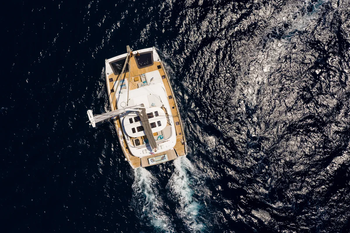 Exterior view of Vulpino, a Sunreef 60 catamaran at Kaštela, Croatia
