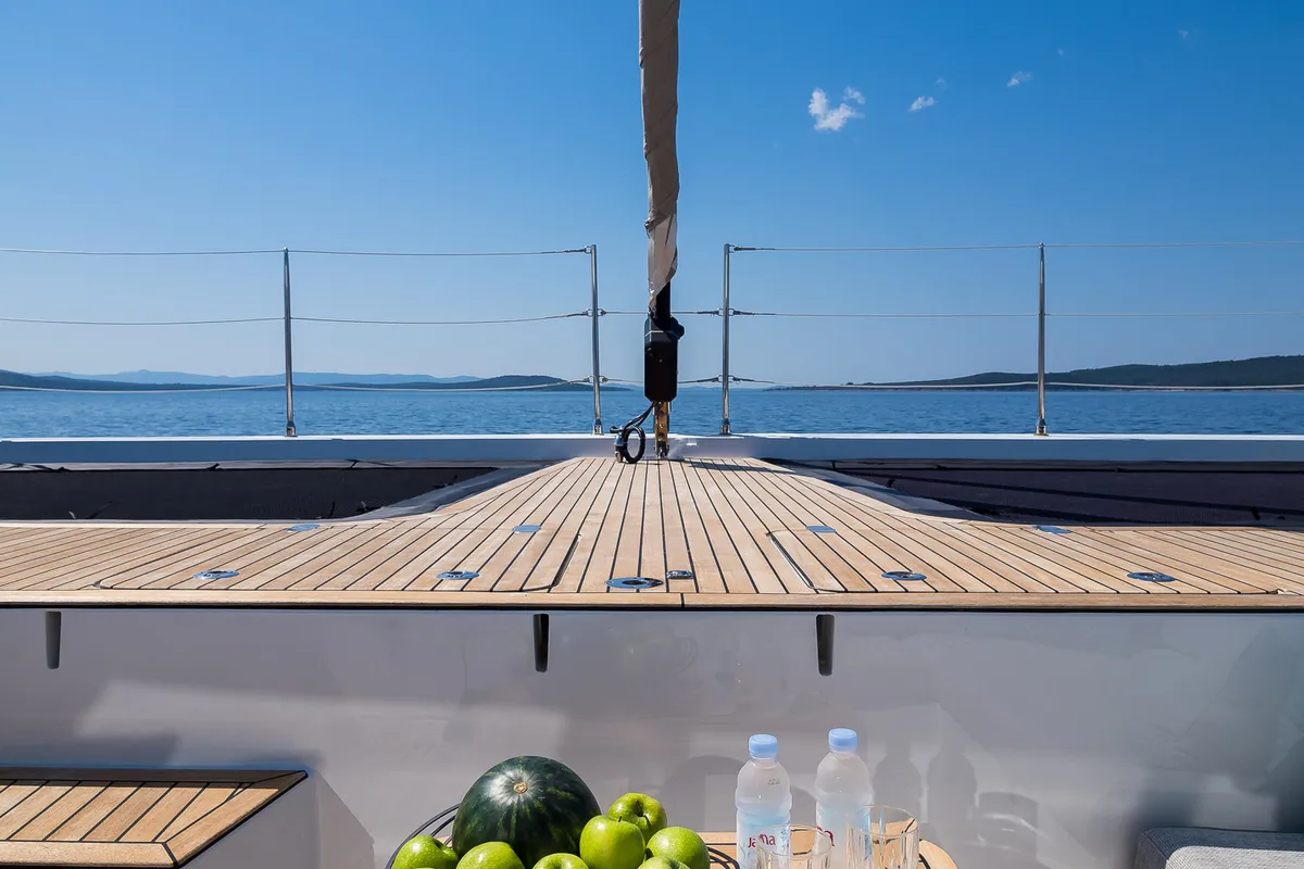 Deck of Vulpino, a Sunreef 60 catamaran at Kaštela, Croatia