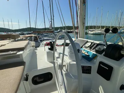 Cockpit of Compass, a Bali Catspace catamaran at Pirovac, Croatia
