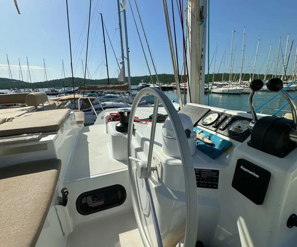 Cockpit of Compass, a Bali Catspace catamaran at Pirovac, Croatia