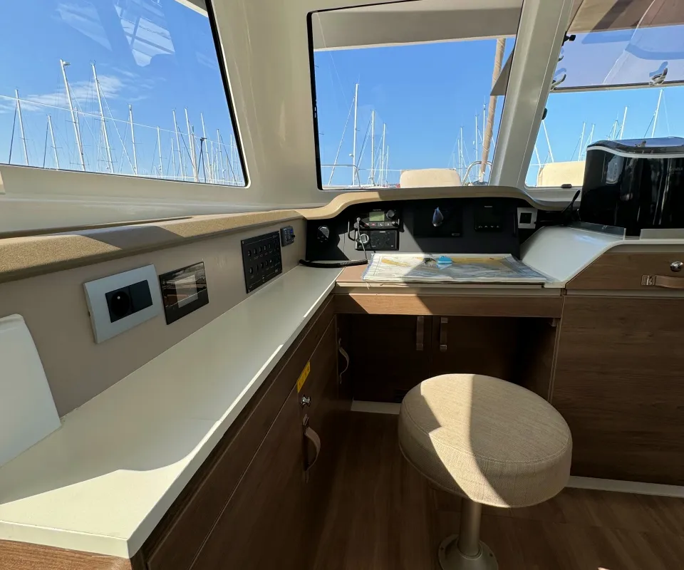 Cockpit of Compass, a Bali Catspace catamaran at Pirovac, Croatia