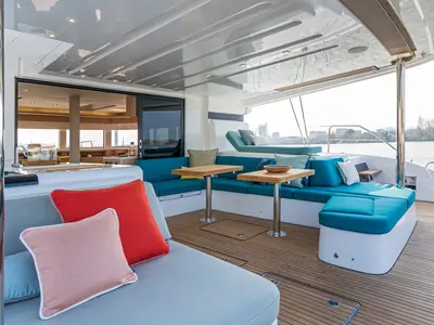 Deck of DREAM, a Lagoon 55 catamaran at Athens, Greece