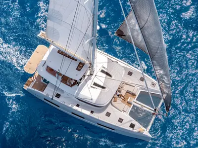 Exterior view of DREAM, a Lagoon 55 catamaran at Athens, Greece