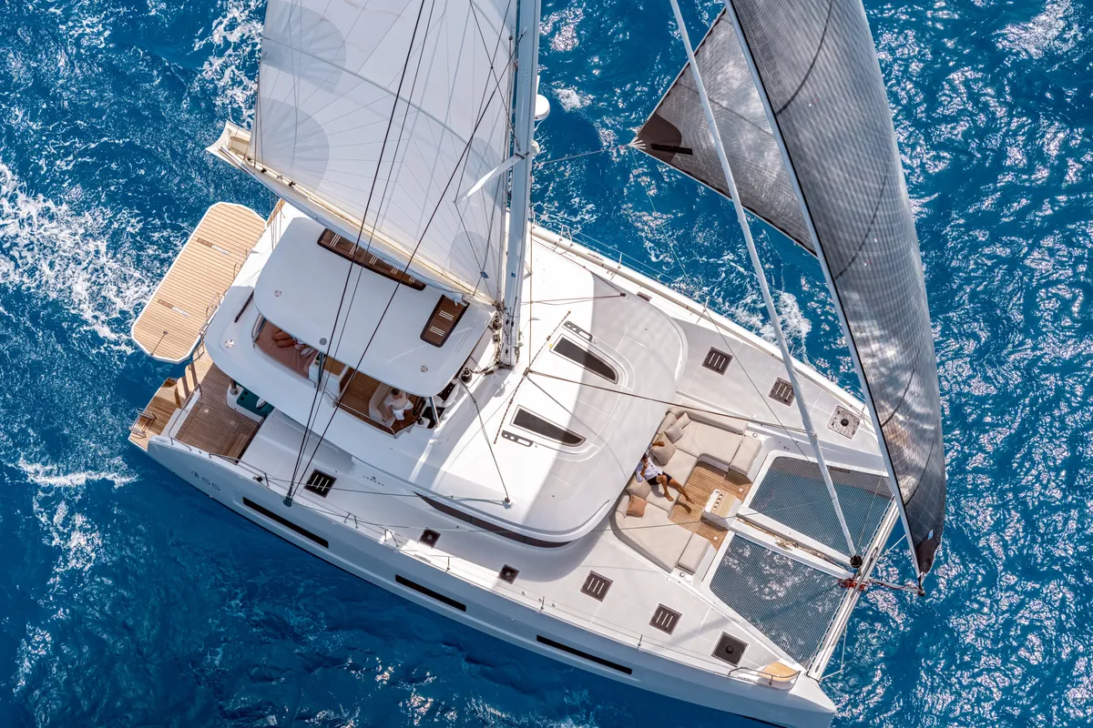 Exterior view of DREAM, a Lagoon 55 catamaran at Athens, Greece