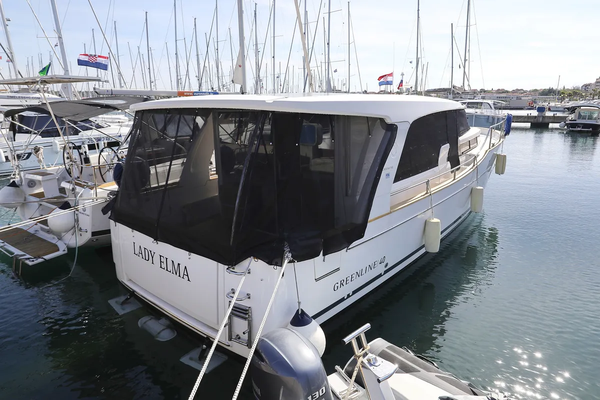 Exterior view of Lady Elma, a Greenline 40 motor yacht at Grad Biograd na Moru, Croatia