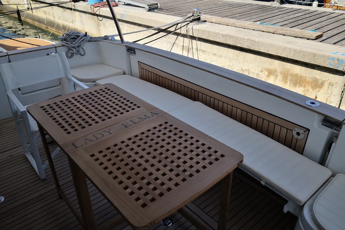 Deck of Lady Elma, a Greenline 40 motor yacht at Grad Biograd na Moru, Croatia