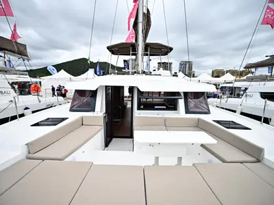 Deck of Endeavour, a Bali 4.6 catamaran at Tonnarella, Italy