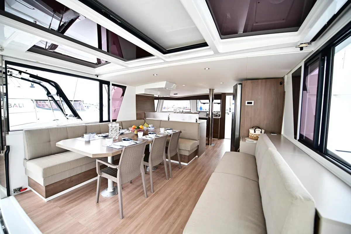 Salon of Endeavour, a Bali 4.6 catamaran at Tonnarella, Italy