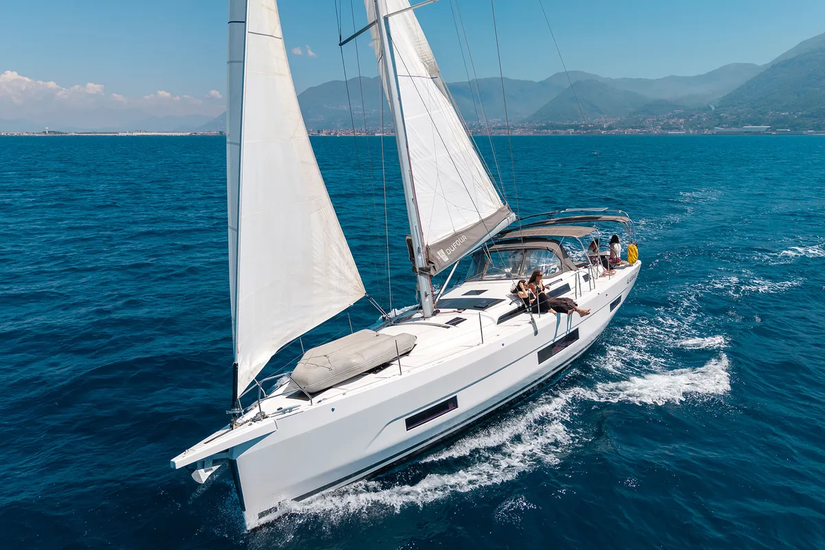 Exterior view of Fortuna, a Dufour 470 sailboat at Castellammare di Stabia, Italy