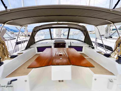 Deck of Fortuna, a Dufour 470 sailboat at Castellammare di Stabia, Italy