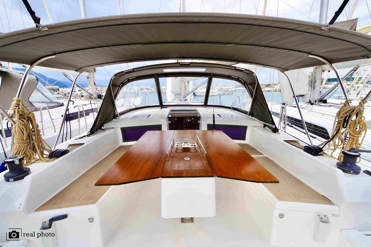 Deck of Fortuna, a Dufour 470 sailboat at Castellammare di Stabia, Italy