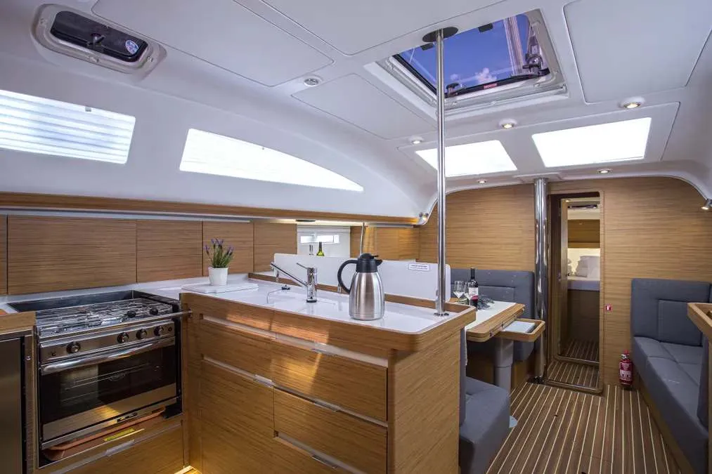 Galley of Monaco, a Elan Impression 45 sailboat at Baška Voda, Croatia