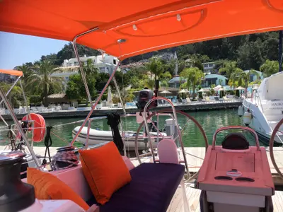 Cockpit of Taz, a Bavaria 34 sailboat at Fethiye, Turkey