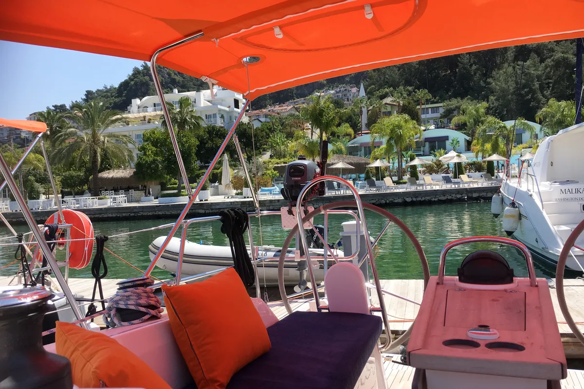 Cockpit of Taz, a Bavaria 34 sailboat at Fethiye, Turkey
