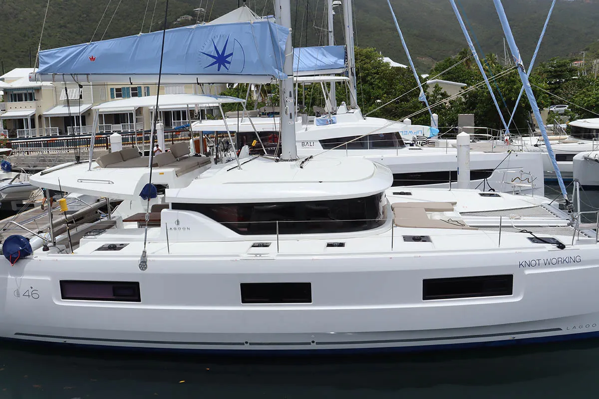 Exterior view of Knot Working, a Lagoon 46 catamaran at Road Town, British Virgin Islands