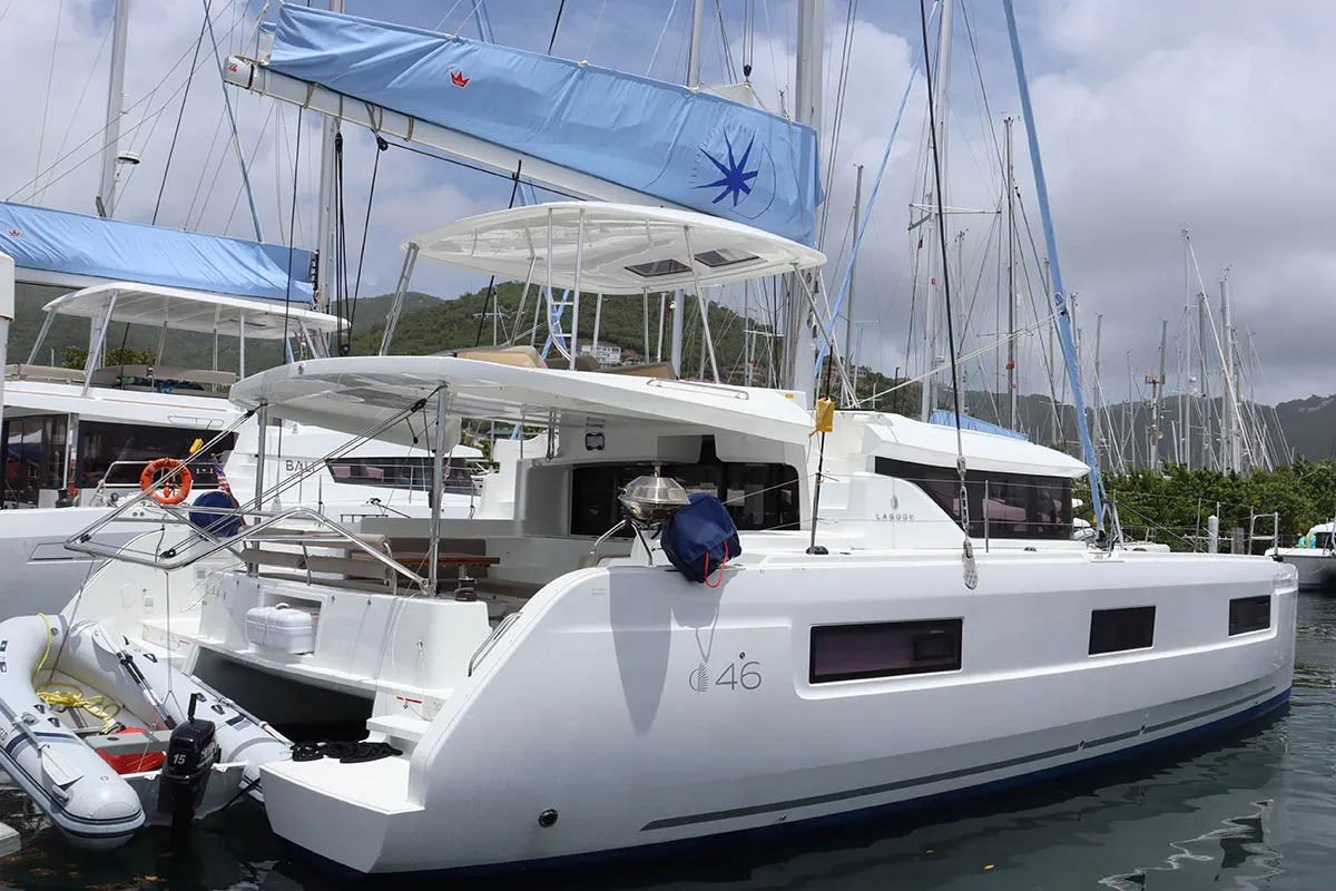Exterior view of Knot Working, a Lagoon 46 catamaran at Road Town, British Virgin Islands