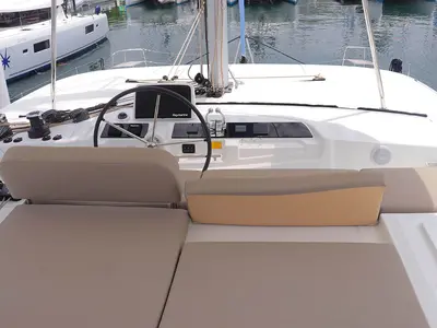 Cockpit of Knot Working, a Lagoon 46 catamaran at Road Town, British Virgin Islands