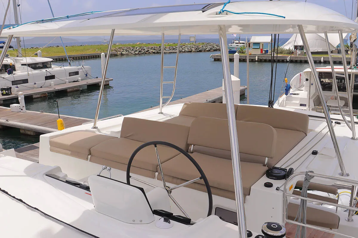 Cockpit of Knot Working, a Lagoon 46 catamaran at Road Town, British Virgin Islands