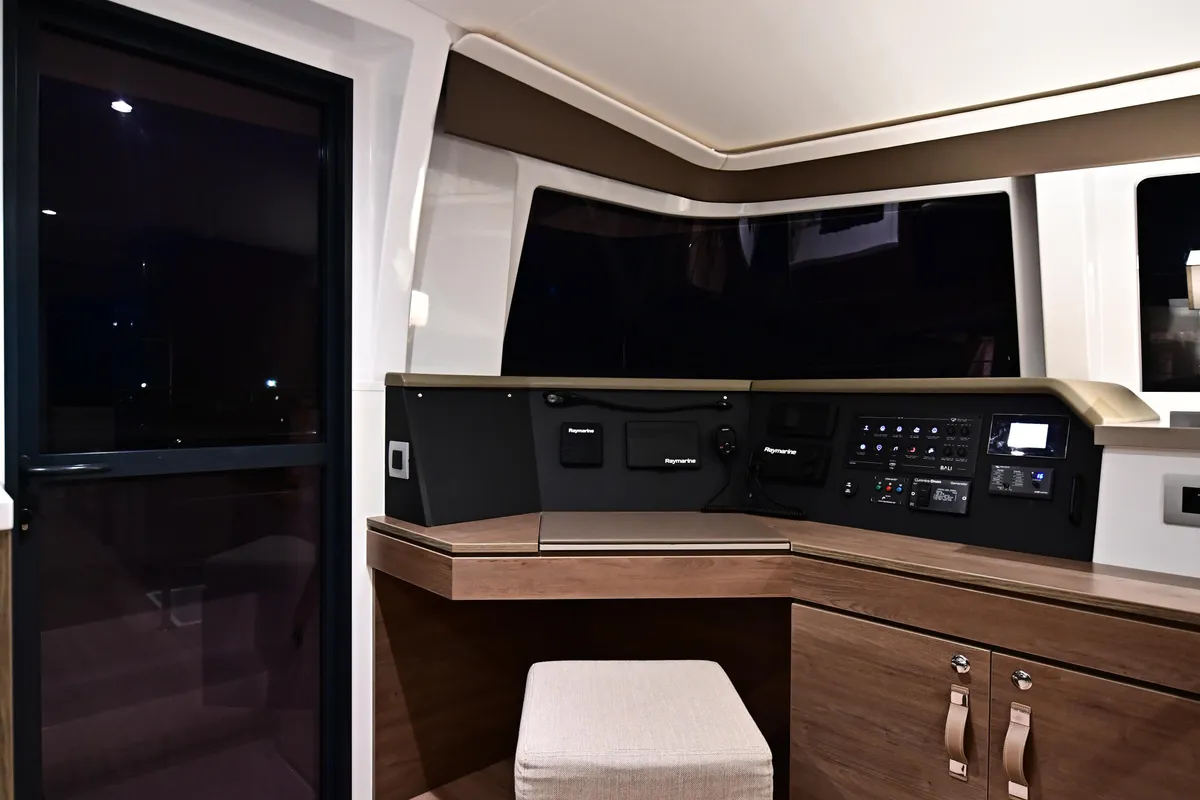 Cockpit of Grease, a Bali 4.4 catamaran at Salerno, Italy