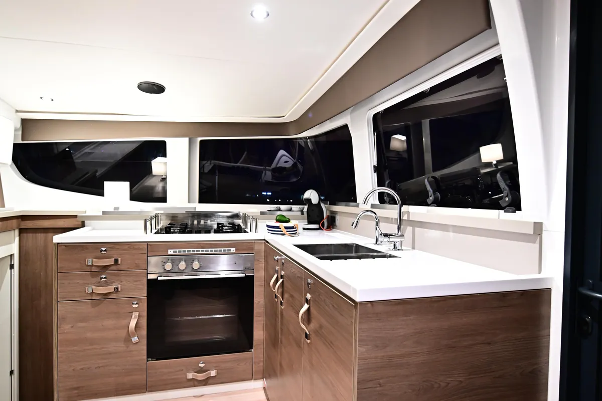 Exterior view of Grease, a Bali 4.4 catamaran at Salerno, Italy