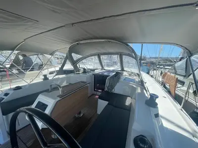 Cockpit of Blackberry, a Bavaria C42 sailboat at Parikia, Greece