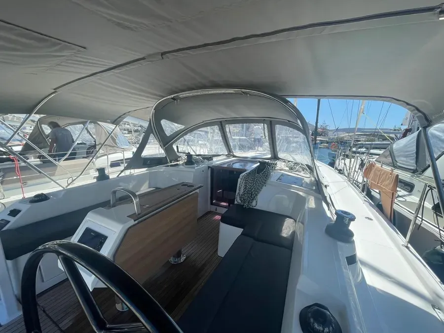 Cockpit of Blackberry, a Bavaria C42 sailboat at Parikia, Greece