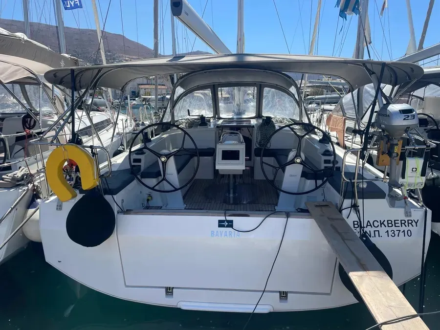 Exterior view of Blackberry, a Bavaria C42 sailboat at Parikia, Greece