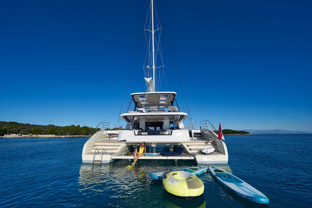 Exterior view of Amada Mia - CREWED, a Lagoon Sixty 5 catamaran at Split, Croatia