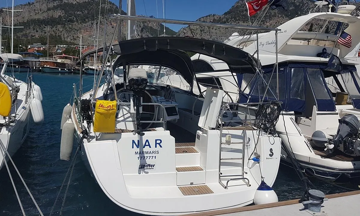Exterior view of Nar, a Beneteau Oceanis 40 sailboat at Fethiye, Turkey