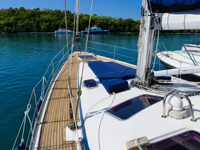 Deck of Astra, a Bavaria Vision 50 sailboat at Airport Marina, Montenegro