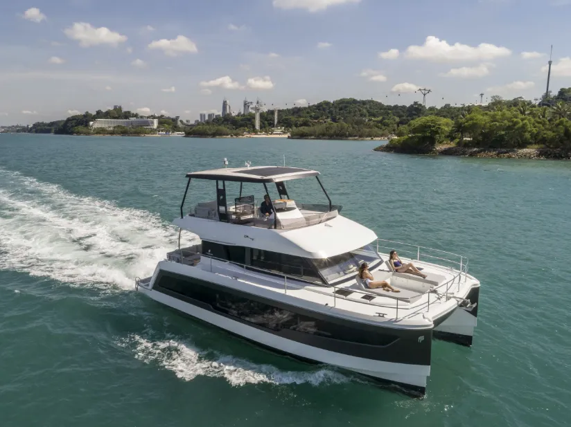 Exterior view of Stephana, a Fountaine Pajot MY5 catamaran at Central Abaco, Bahamas