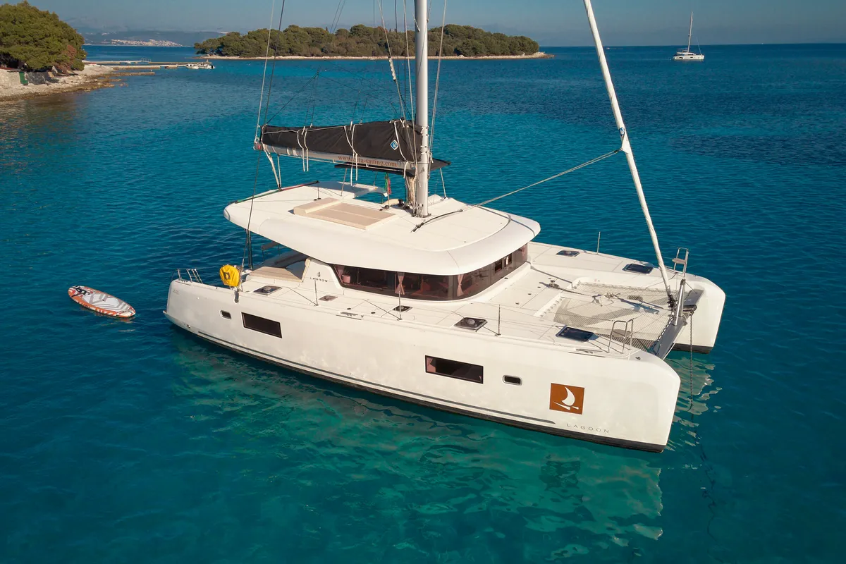 Exterior view of Barney, a Lagoon 42 catamaran at Trogir, Croatia
