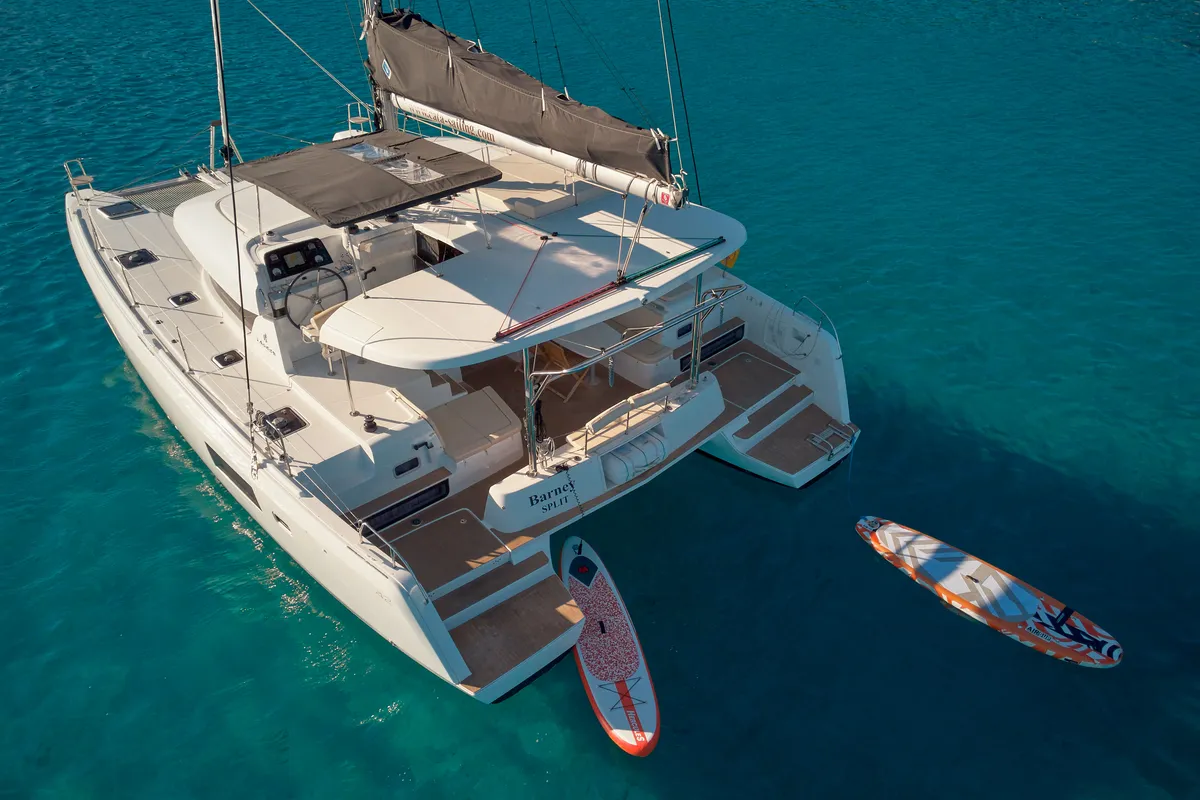 Exterior view of Barney, a Lagoon 42 catamaran at Trogir, Croatia