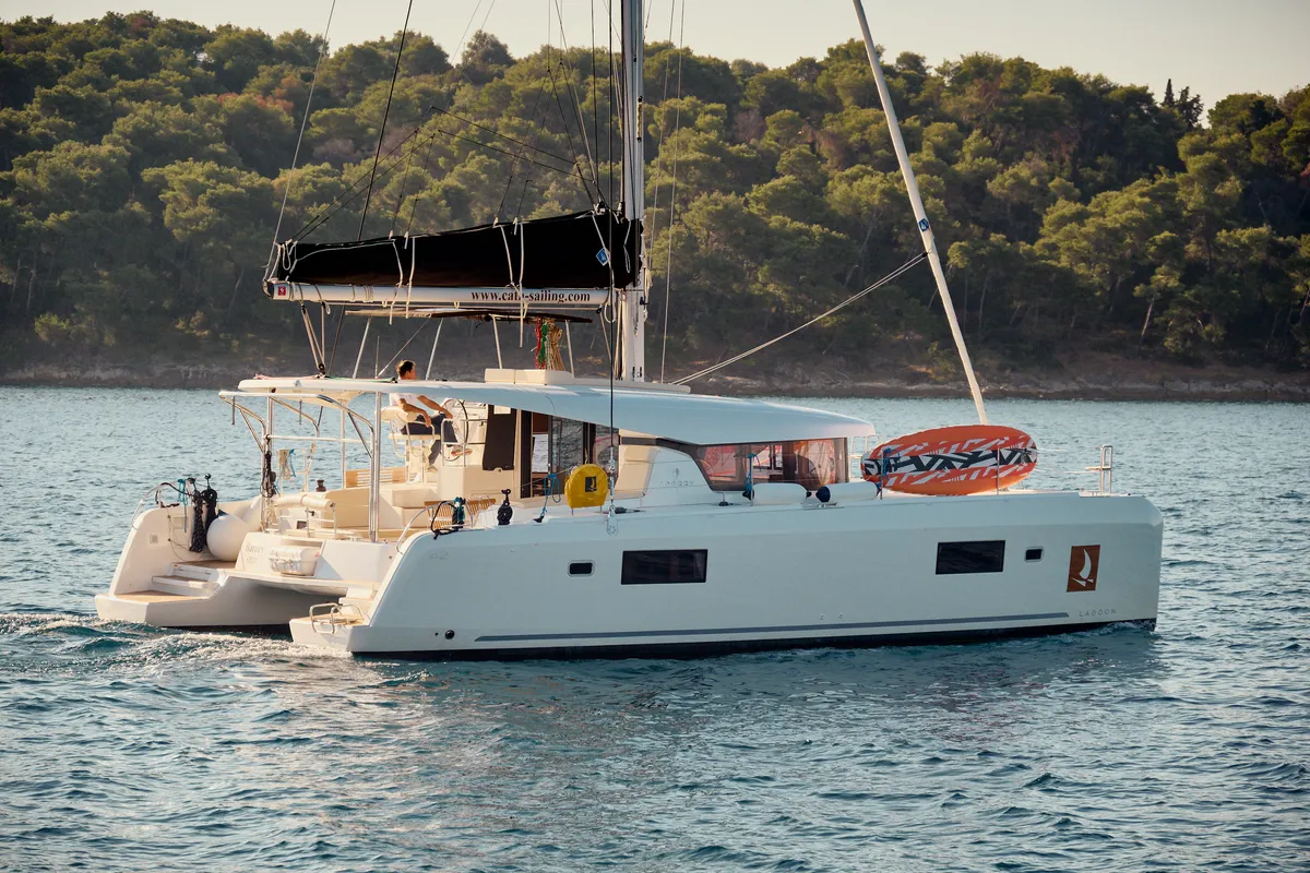 Exterior view of Barney, a Lagoon 42 catamaran at Trogir, Croatia
