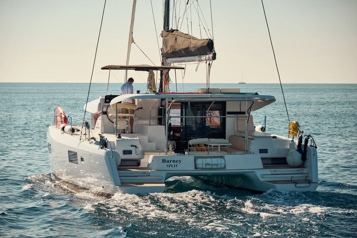 Exterior view of Barney, a Lagoon 42 catamaran at Trogir, Croatia