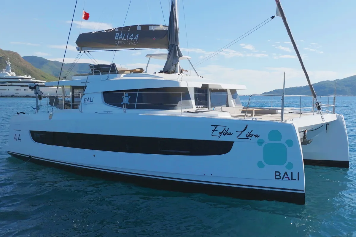 Exterior view of Libra, a Bali 4.4 catamaran at Marmaris, Turkey