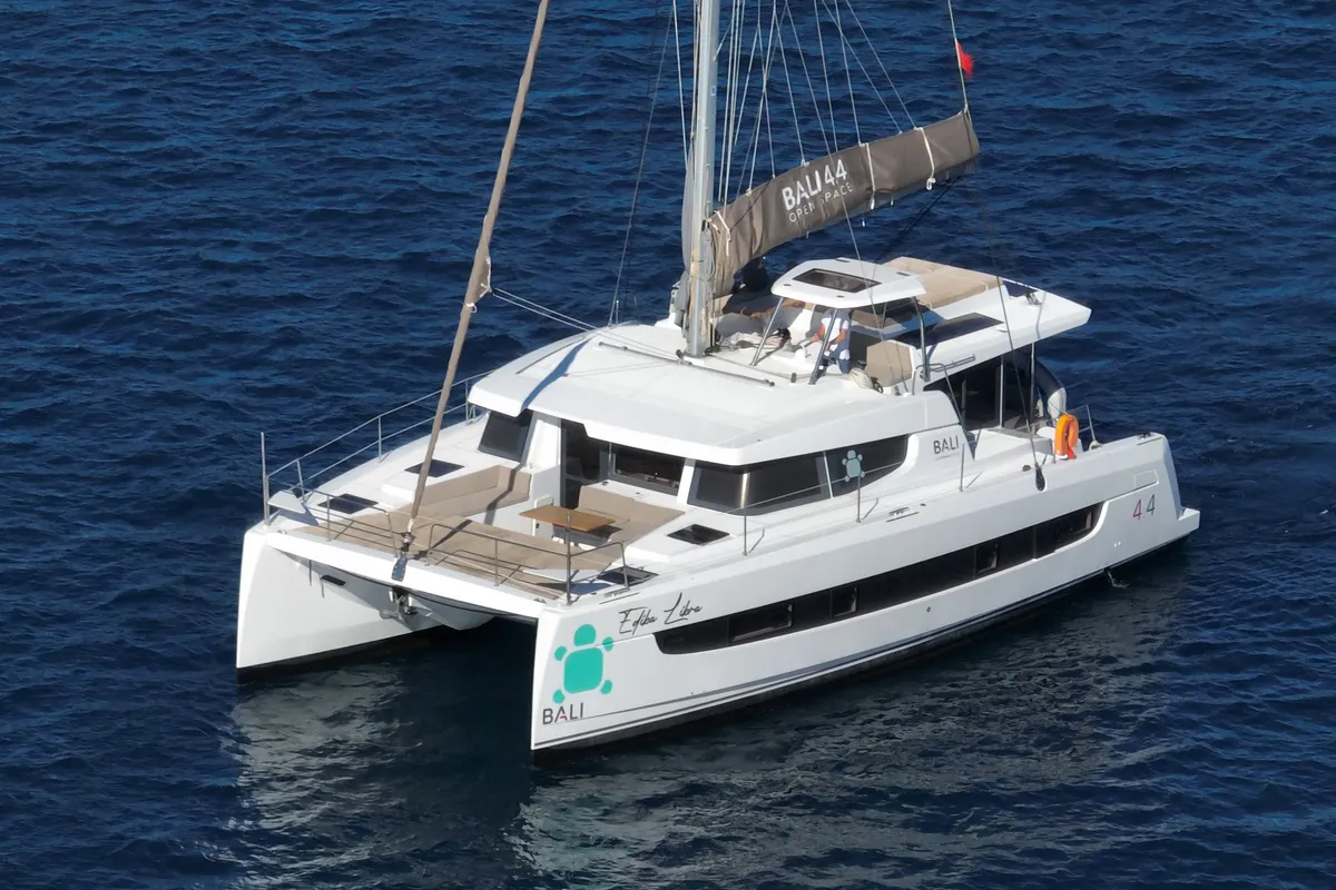 Exterior view of Libra, a Bali 4.4 catamaran at Marmaris, Turkey