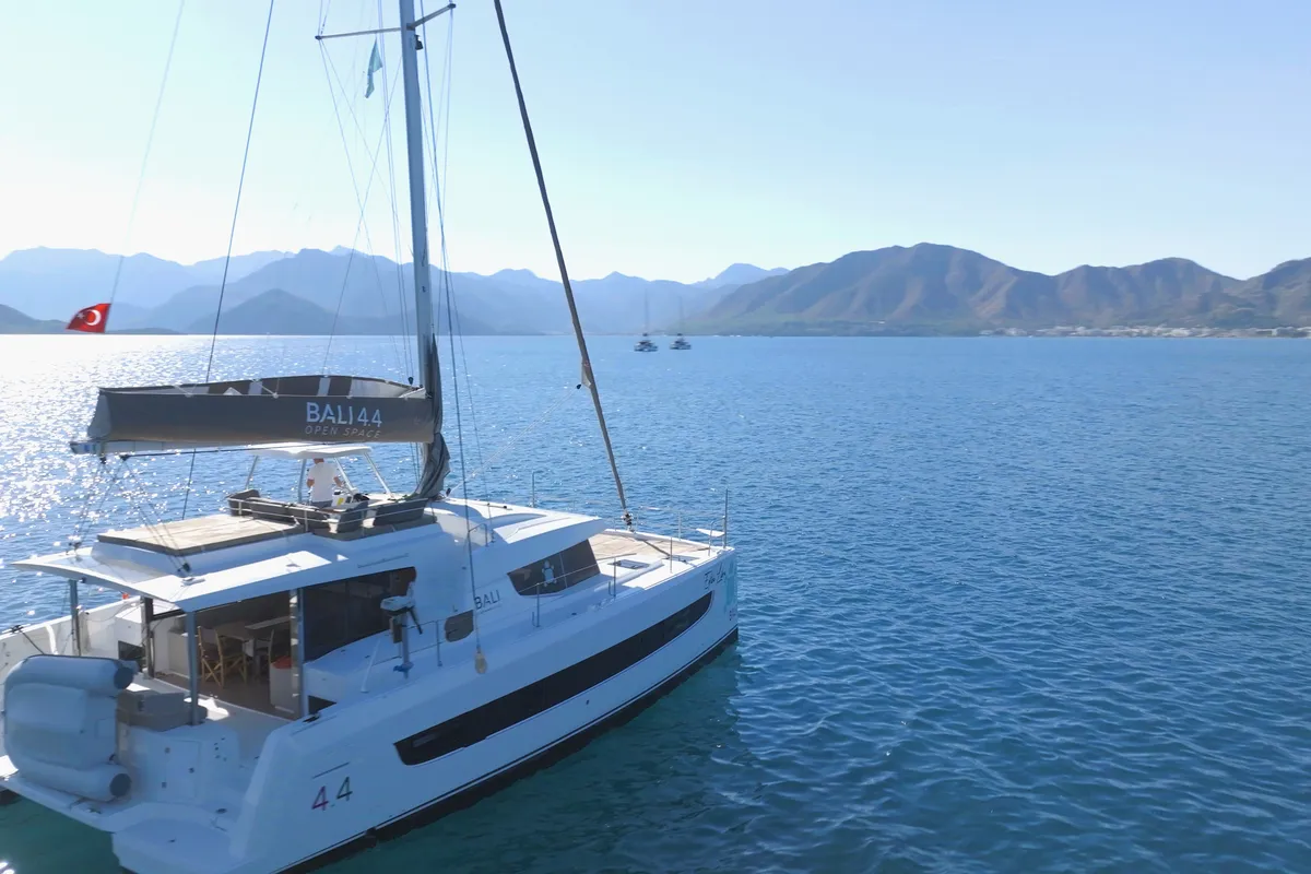 Exterior view of Libra, a Bali 4.4 catamaran at Marmaris, Turkey