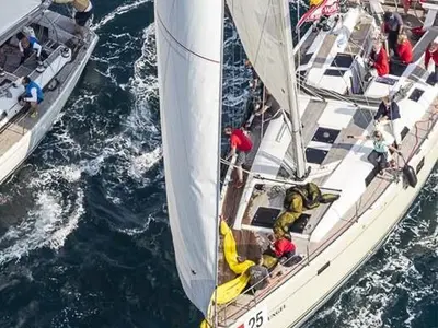 Deck of Wrungel, a Hanse 505 sailboat at Grad Rovinj, Croatia