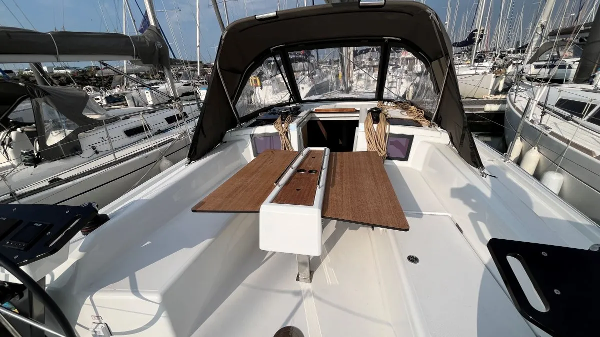 Cockpit of Evren, a Dufour 37 sailboat at La Rochelle, France