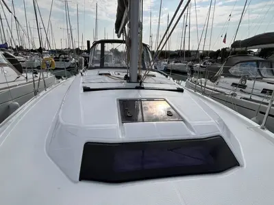 Deck of Evren, a Dufour 37 sailboat at La Rochelle, France