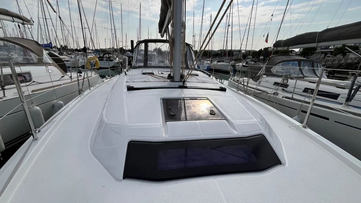 Deck of Evren, a Dufour 37 sailboat at La Rochelle, France