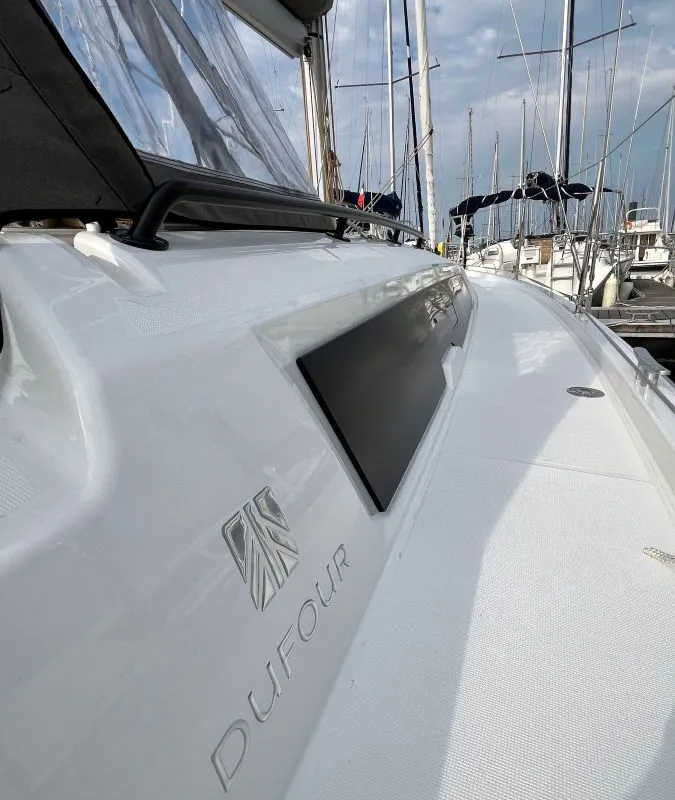 Deck of Evren, a Dufour 37 sailboat at La Rochelle, France