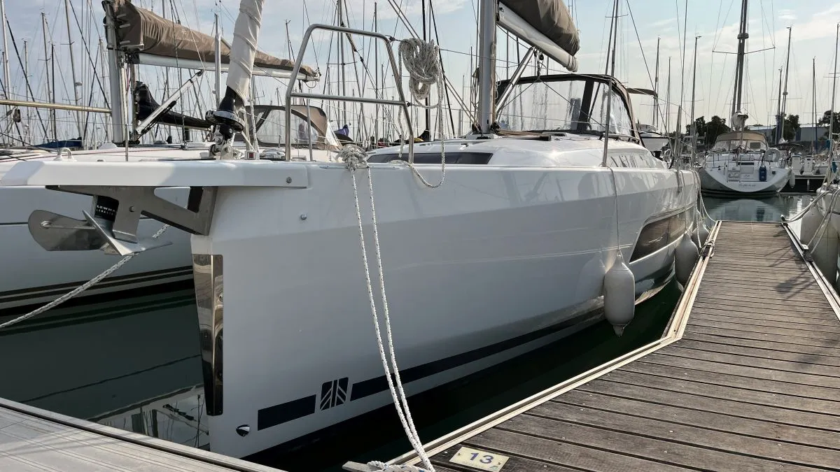 Exterior view of Evren, a Dufour 37 sailboat at La Rochelle, France