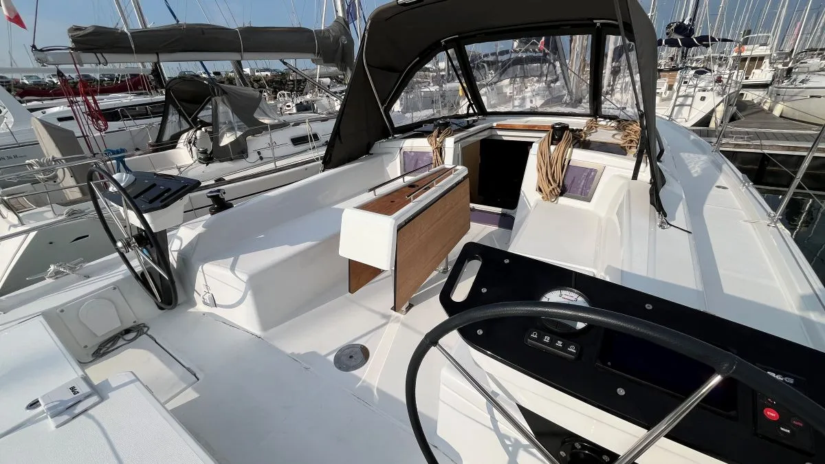 Cockpit of Evren, a Dufour 37 sailboat at La Rochelle, France