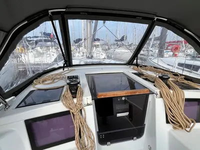 Cockpit of Evren, a Dufour 37 sailboat at La Rochelle, France